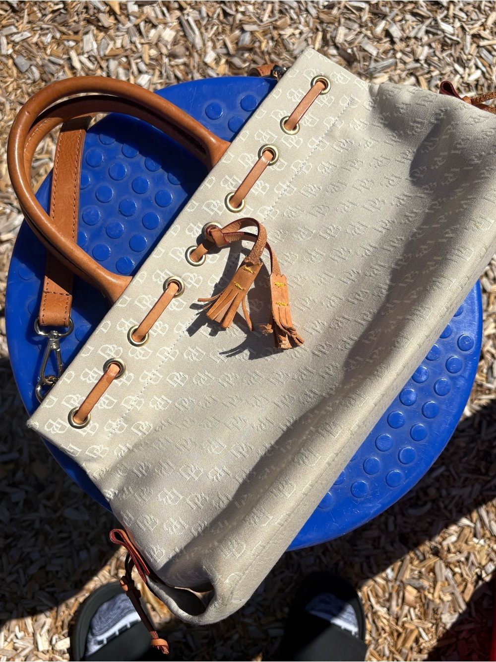 Dooney & Bourke Cream Shoulder Tote with Tan Trim
